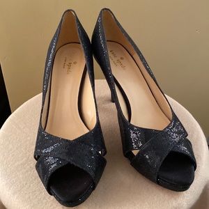 Kate Spade black sparkle peep toe heels in excellent condition